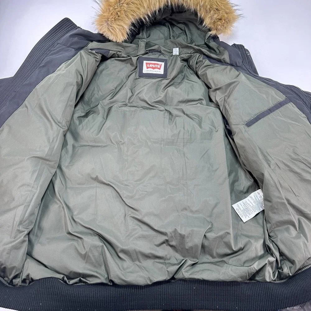 Levi's Jacket Mens 2XL Black Puffer Faux Fur Hood Button Front Winter Warm Prep